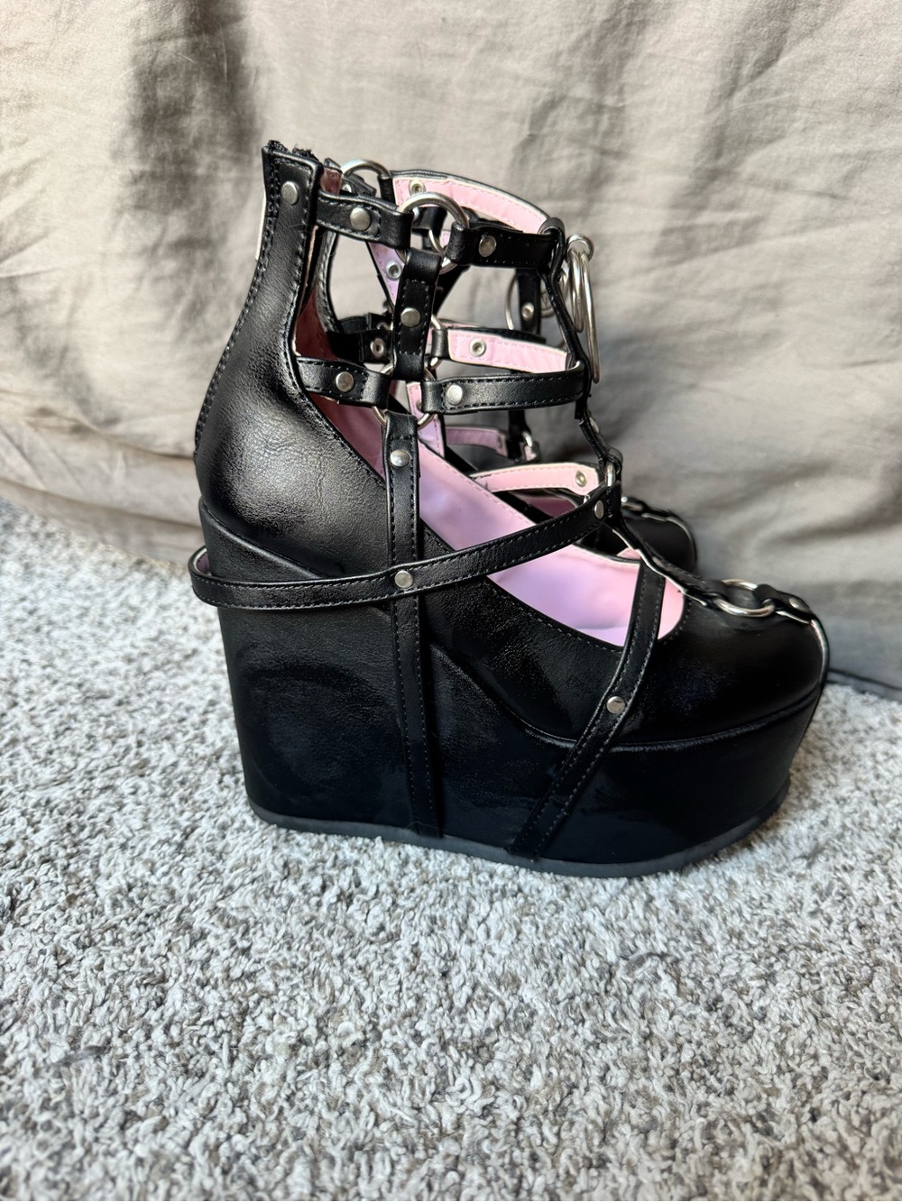 Demonia Black Platform Strappy Heels with Pink Insole & Silver Pentagram Charms - Picture 4 of 5